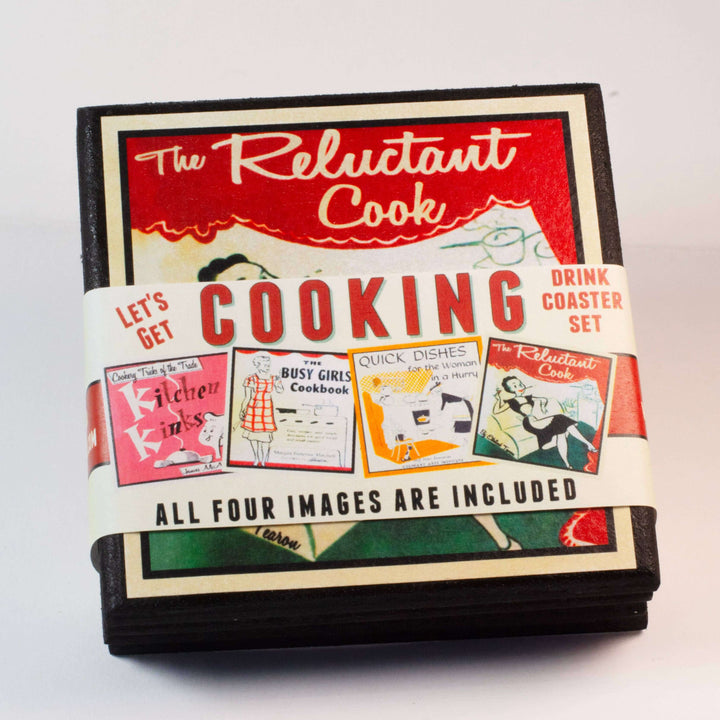 Set of drink coasters with 'The Reluctant Cook' design on a white background