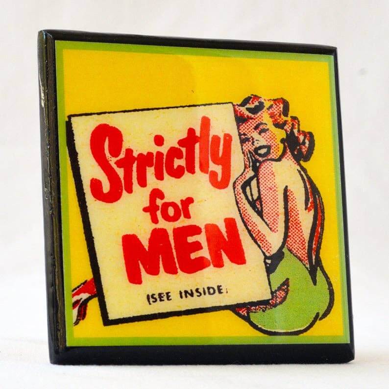 Vintage-style product packaging with a woman holding a sign saying 'Strictly for Men' on a yellow background.