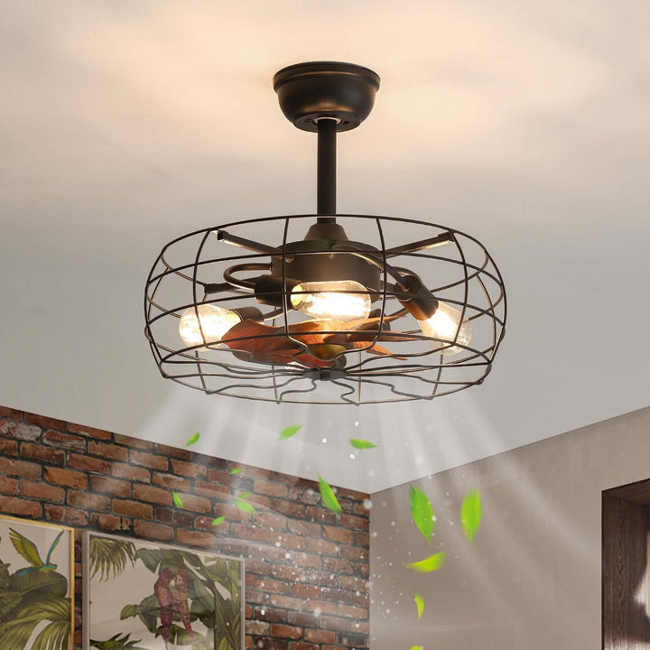 Ceiling fan with light fixture in a room with a brick wall and decorative plants.