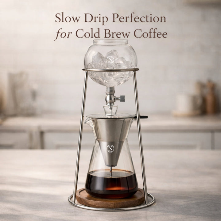 Nispira Iced Coffee Cold Brew Drip Coffee Maker Mini Tower – 400 mL Borosilicate Glass with Stainless Steel Stand
