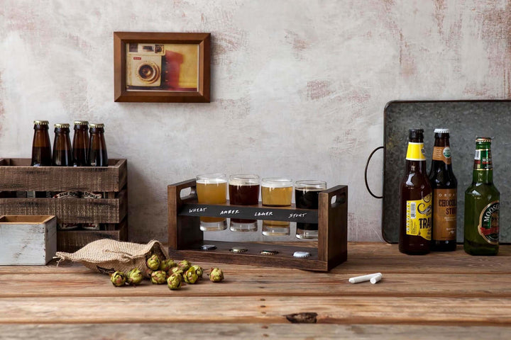 Rustic Craft Beer Flight Tasting Set with acacia wood tray and glasses on a wooden table, perfect for beer connoisseurs.