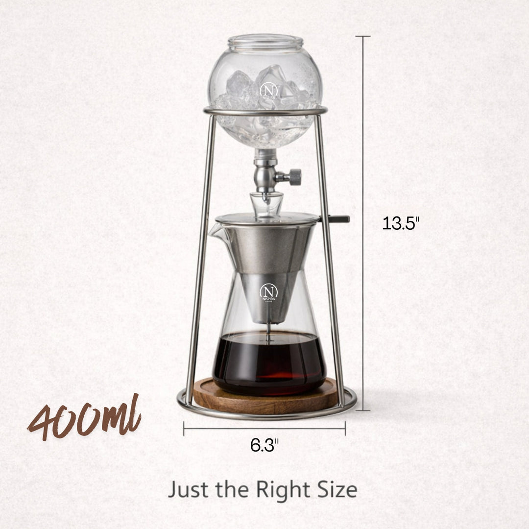 Nispira Iced Coffee Cold Brew Drip Coffee Maker Mini Tower – 400 mL Borosilicate Glass with Stainless Steel Stand