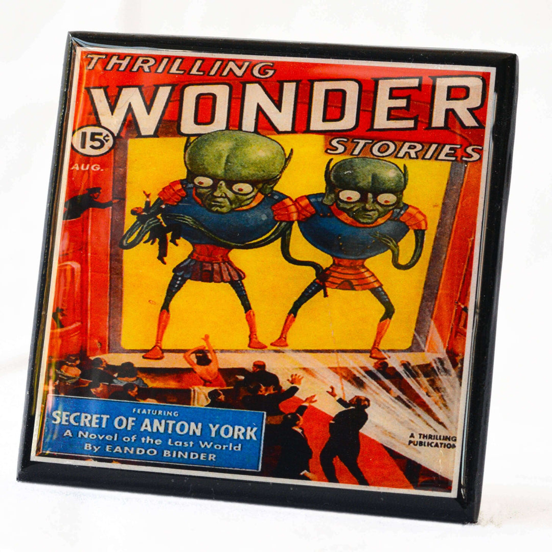 Vintage magazine cover titled 'Thrilling Wonder Stories' with alien characters on a white background