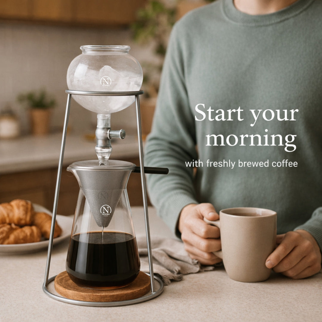 Nispira Iced Coffee Cold Brew Drip Coffee Maker Mini Tower – 400 mL Borosilicate Glass with Stainless Steel Stand