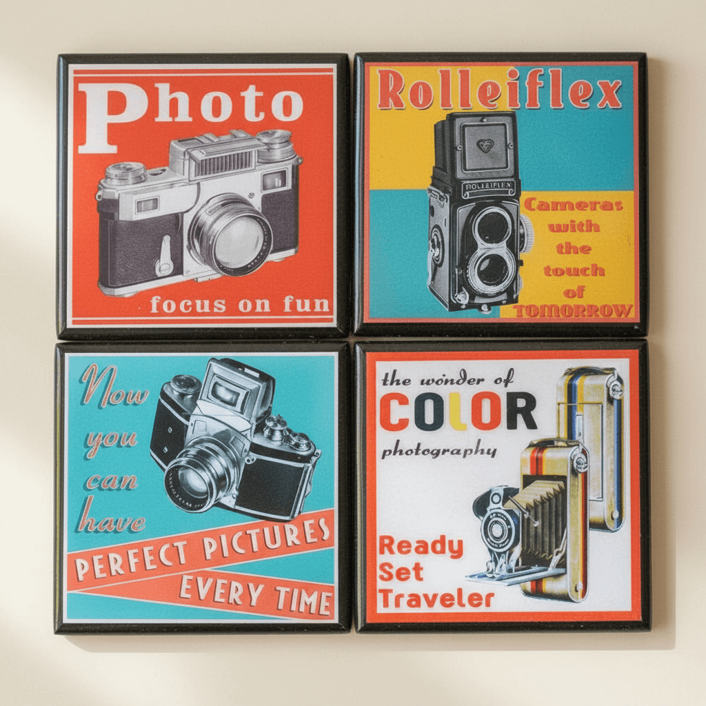 Four coasters with vintage camera illustrations and text on a beige wall.