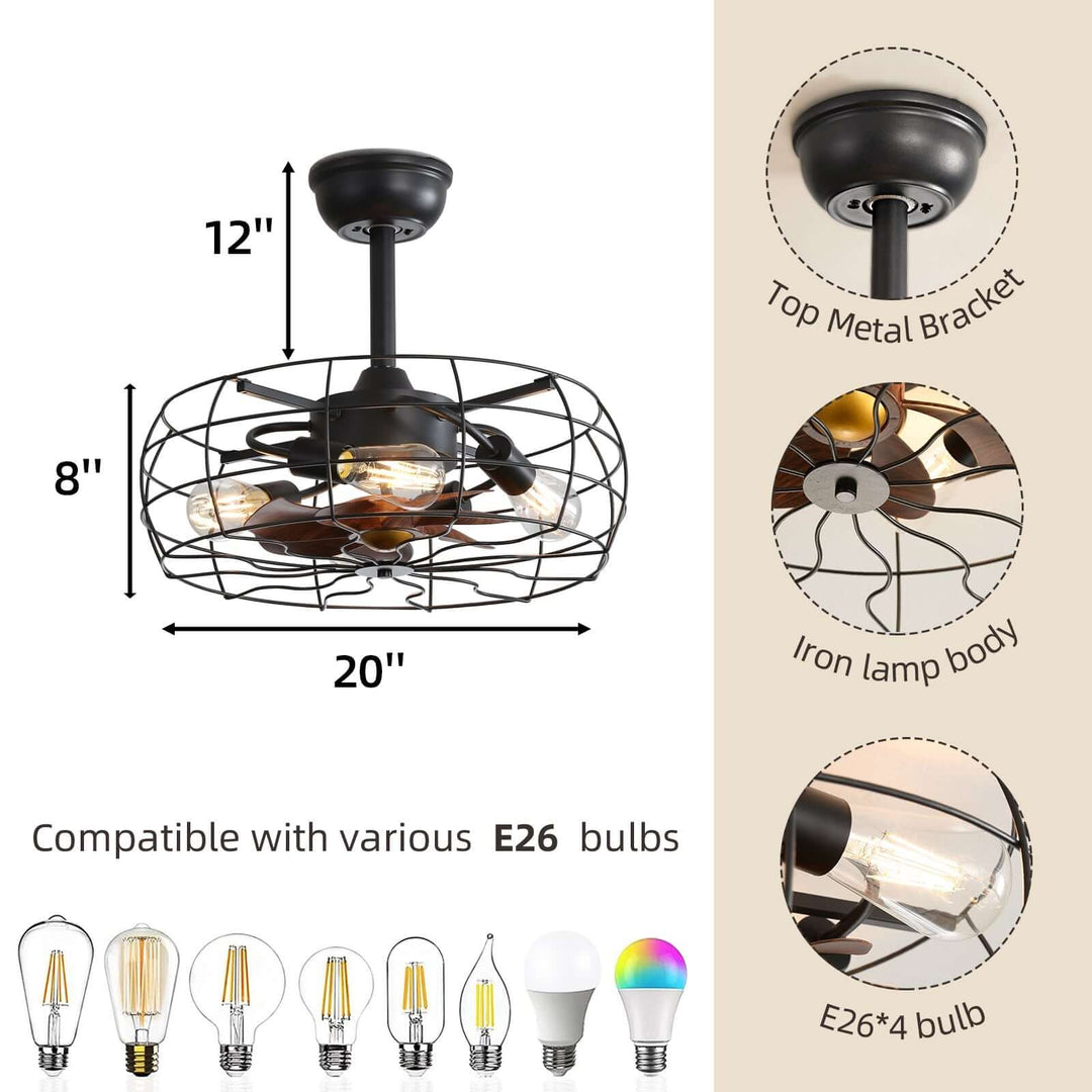 Ceiling fan with measurements and bulb compatibility on a white background