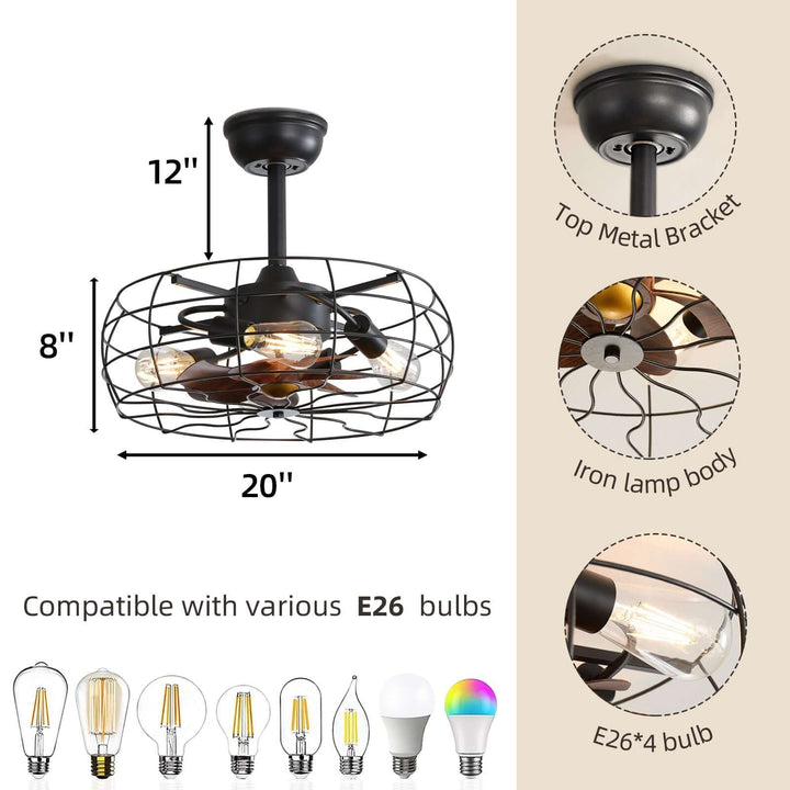 Ceiling fan with measurements and bulb compatibility on a white background