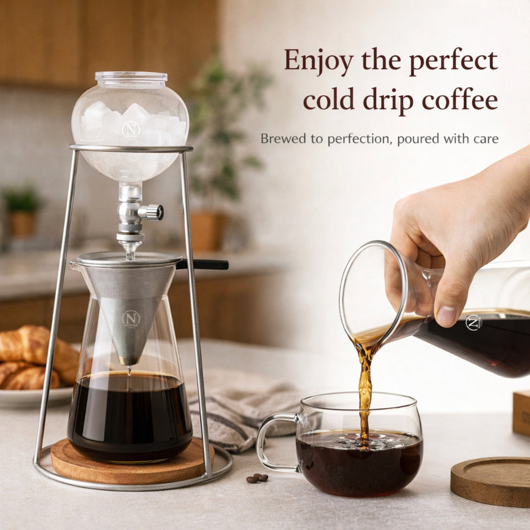 Nispira Iced Coffee Cold Brew Drip Coffee Maker Mini Tower – 400 mL Borosilicate Glass with Stainless Steel Stand