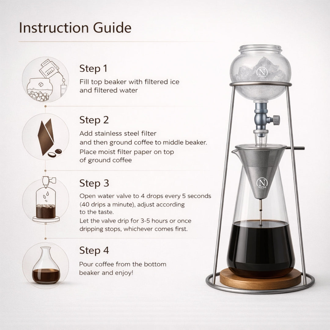 Nispira Iced Coffee Cold Brew Drip Coffee Maker Mini Tower – 400 mL Borosilicate Glass with Stainless Steel Stand
