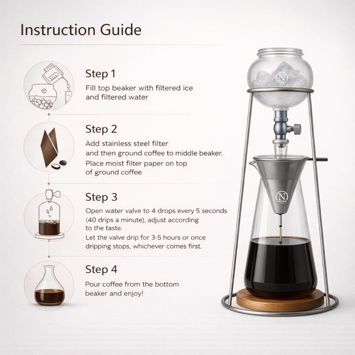 Nispira Iced Coffee Cold Brew Drip Coffee Maker Mini Tower – 400 mL Borosilicate Glass with Stainless Steel Stand