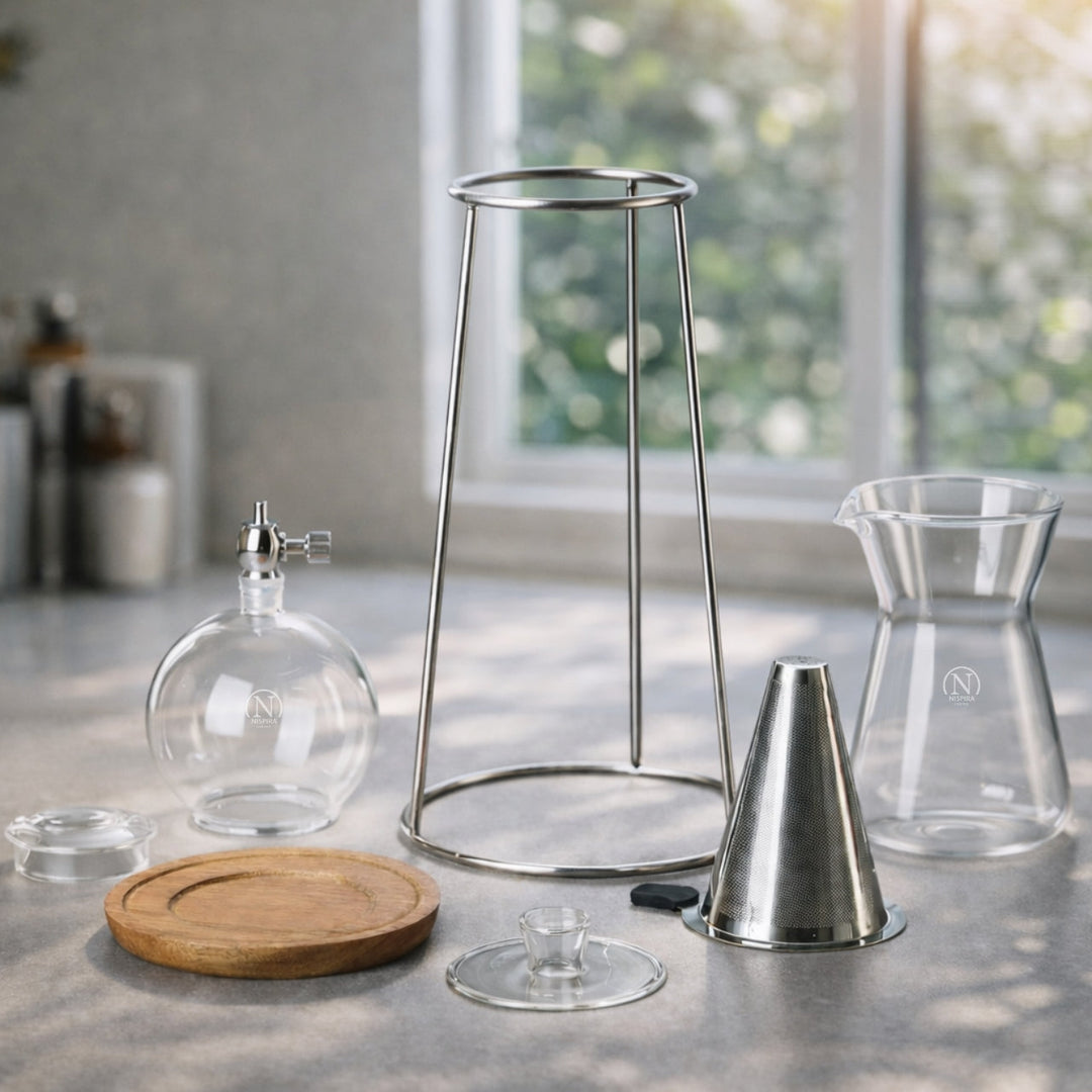 Nispira Iced Coffee Cold Brew Drip Coffee Maker Mini Tower – 400 mL Borosilicate Glass with Stainless Steel Stand