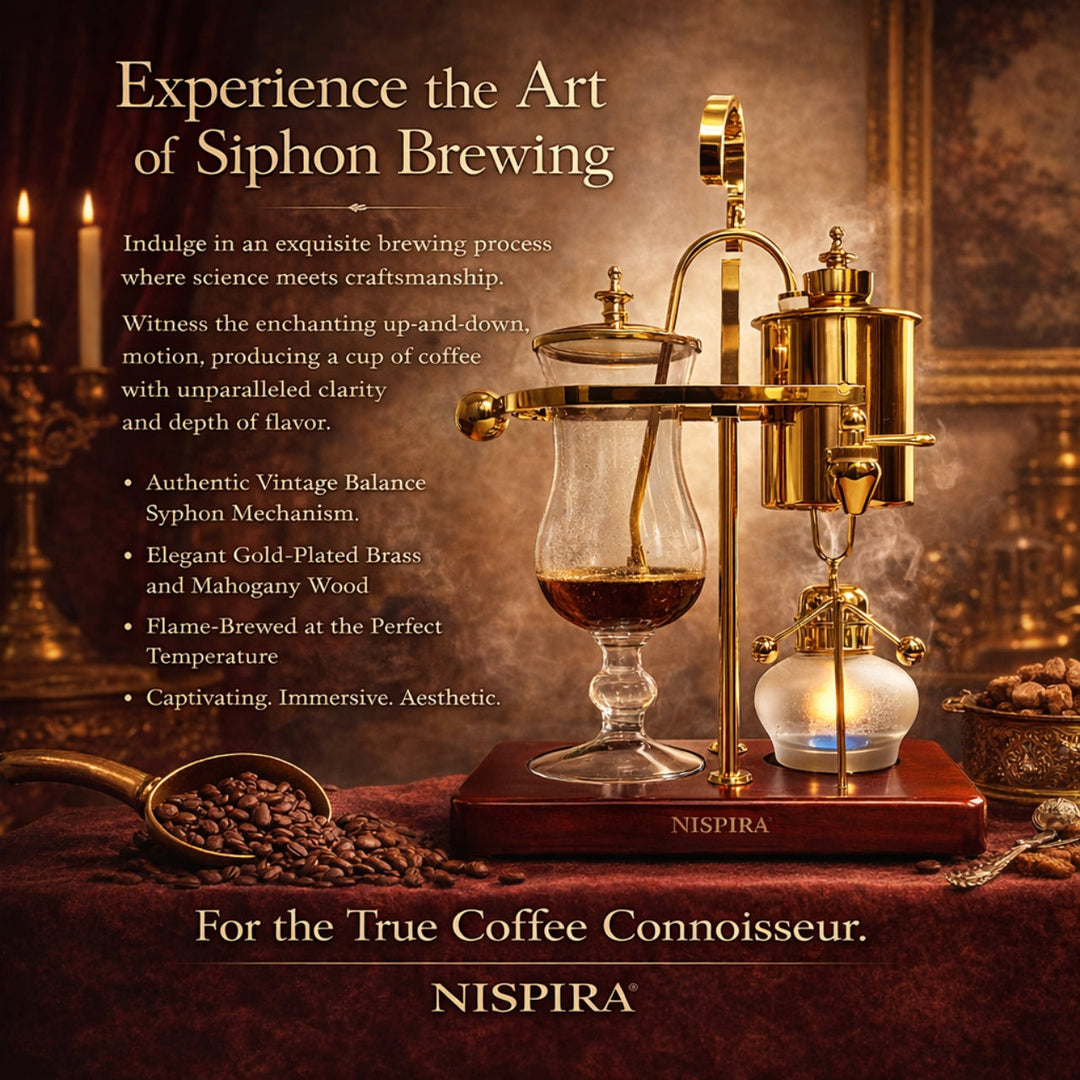 Nispira Vintage Belgian Syphon Coffee Maker – Gold Vacuum Brewer with Alcohol Burner