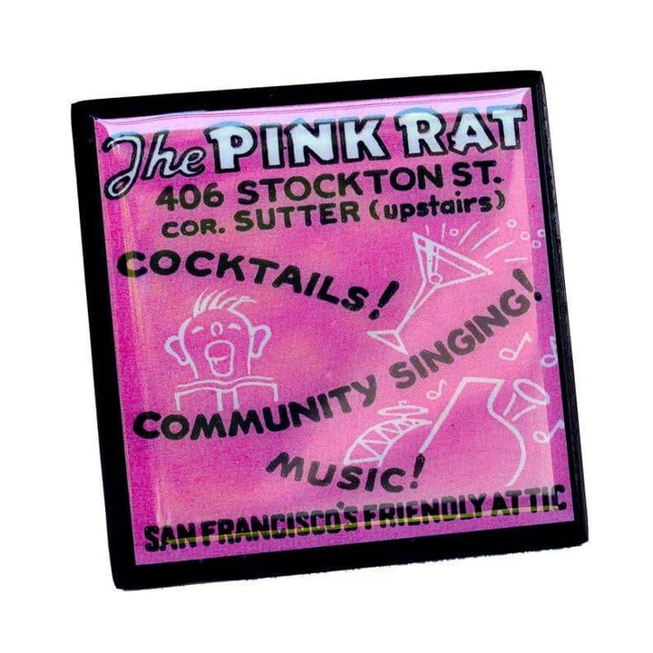 Pink coaster for 'The Pink Rat' with text and graphics on a white background