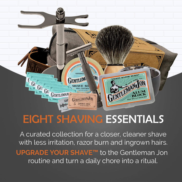Gentleman Jon Deluxe Vintage Wet Shave Grooming Set for Men - Safety Razor, Brush, Alum Block, Soap, Bowl, Blades, Stand & Dopp Kit