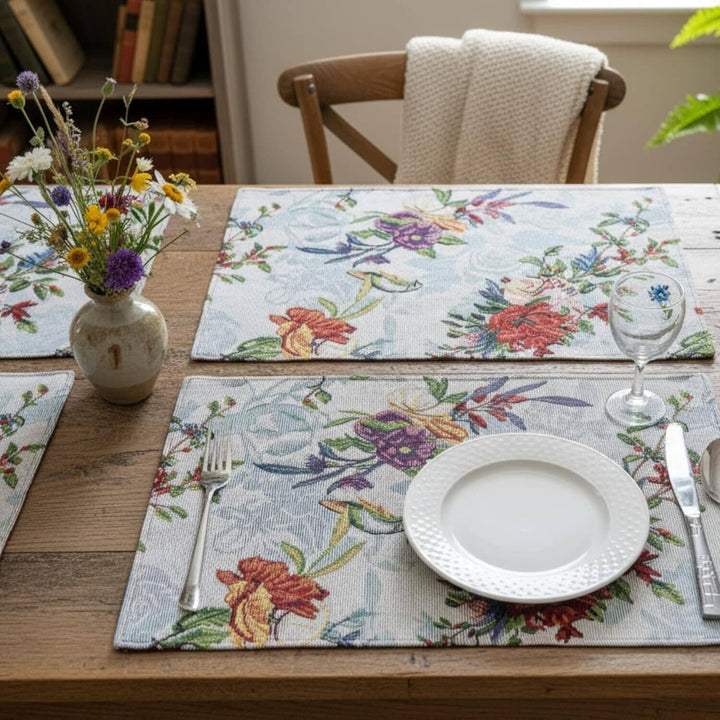 DaDa Bedding Set of 4-Pieces Tropical Sky Blue Birds Floral Tapestry Dining Table Placemats 13” x 19” (18116)