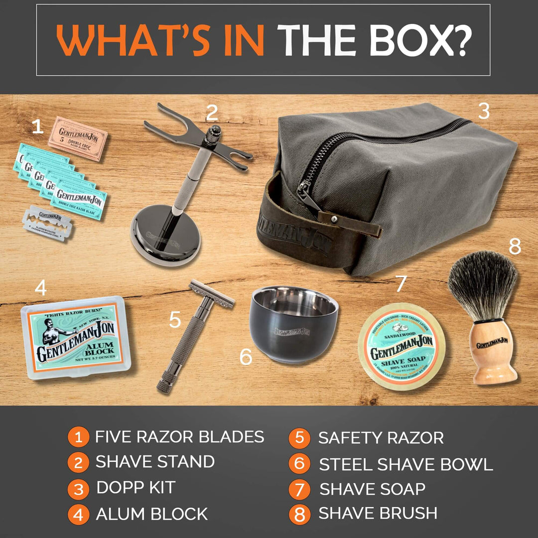 Gentleman Jon Deluxe Vintage Wet Shave Grooming Set for Men - Safety Razor, Brush, Alum Block, Soap, Bowl, Blades, Stand & Dopp Kit