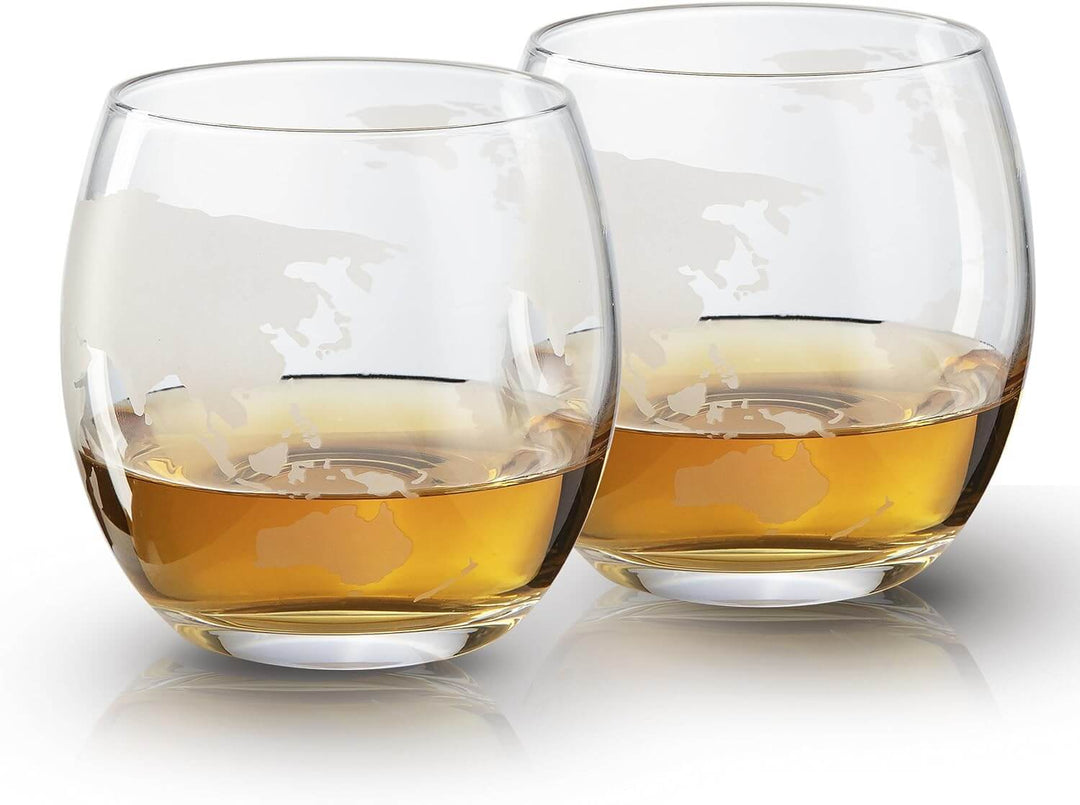 Etched World Decanter Whiskey Globe - Antique Airplane The Wine Savant 850ml, Whiskey Stones and 2 World Map 10 oz Glasses, Pilot Gift Clear