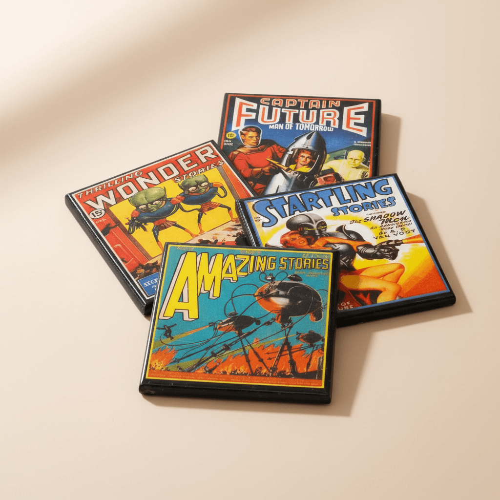 Four comic book cover coasters from the 1950s on a beige background