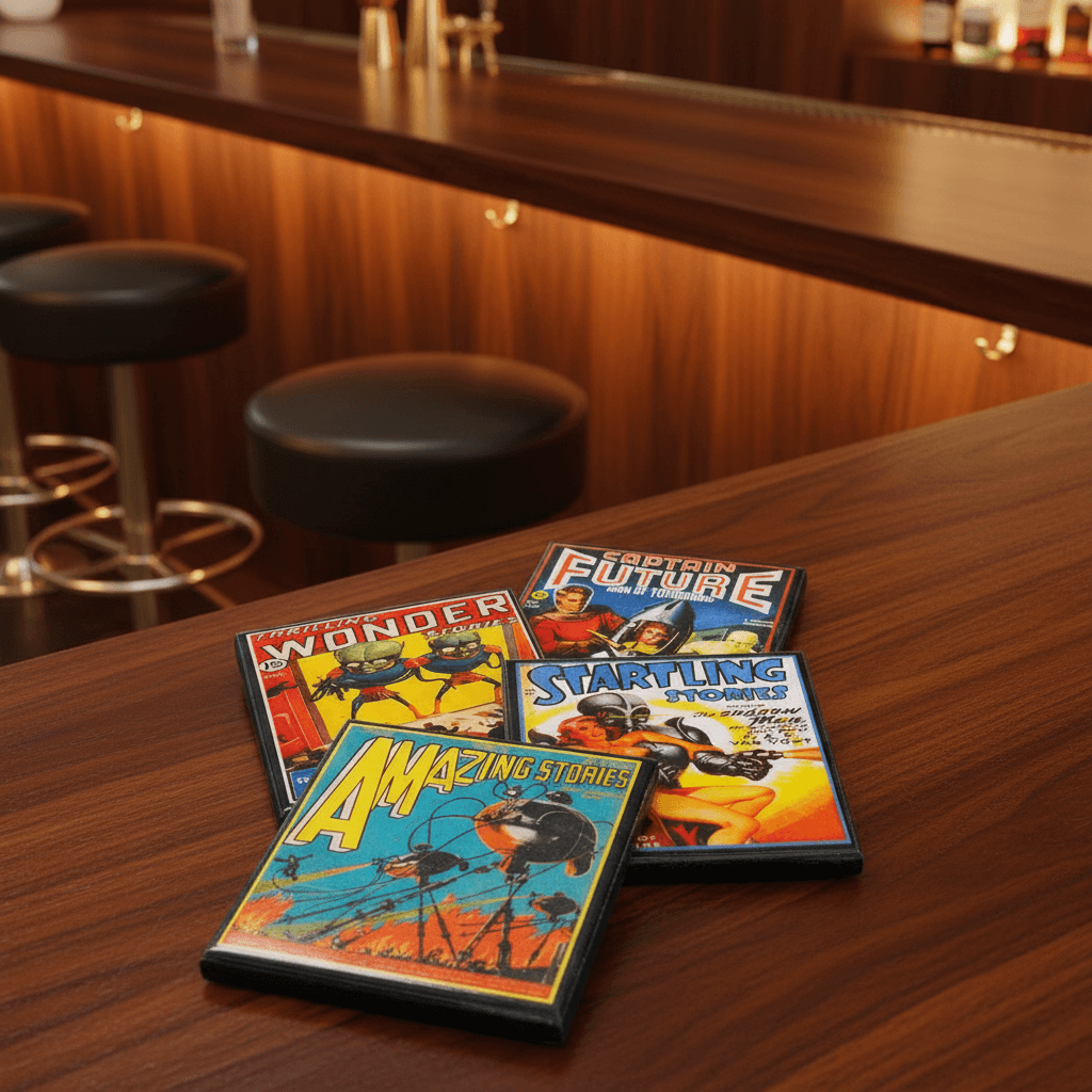Four vintage comic book cover coasters on a wooden table with bar stools and a counter in the background.