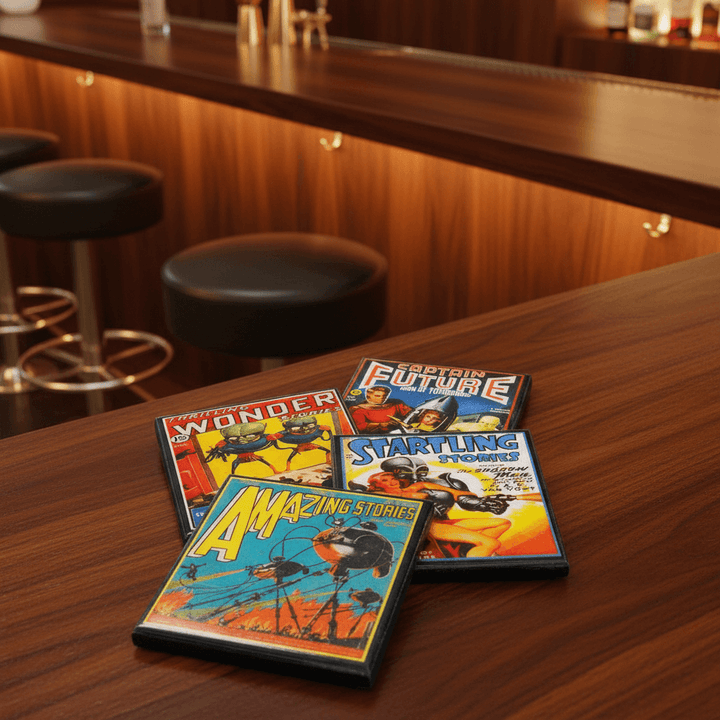 Four vintage comic book cover coasters on a wooden table with bar stools and a counter in the background.