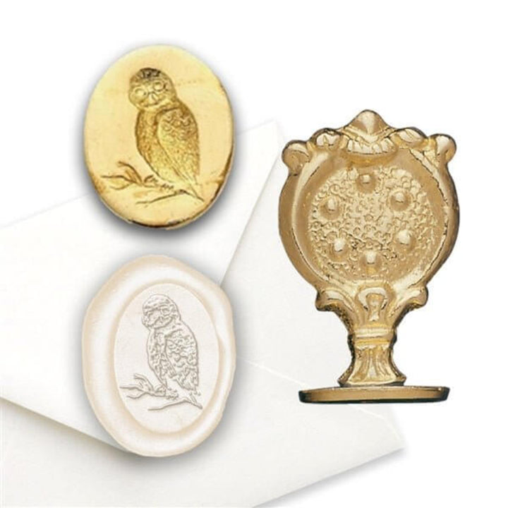 Gold and white decorative Antique-Style Owl Wax Seal Stamp with owl designs on a white background