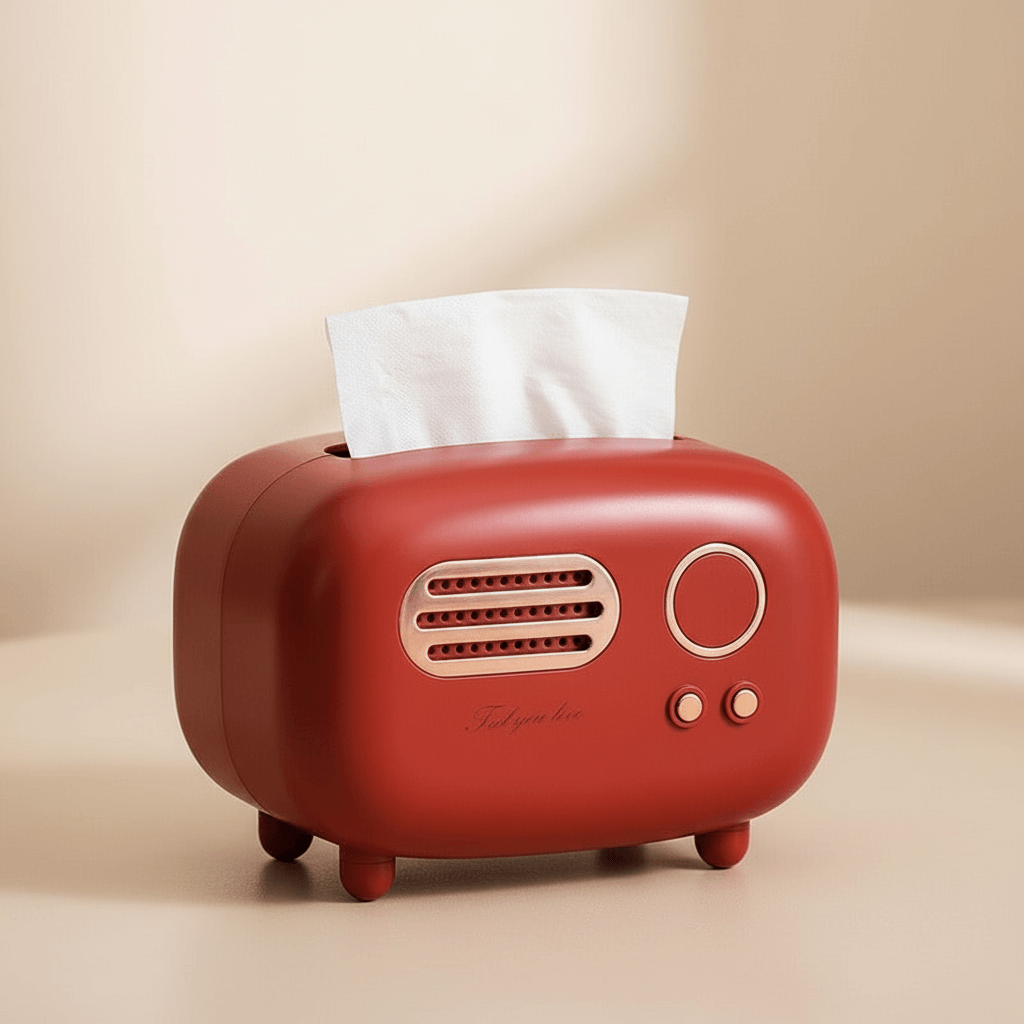 Red vintage-style tissue box with a white tissue on a beige background