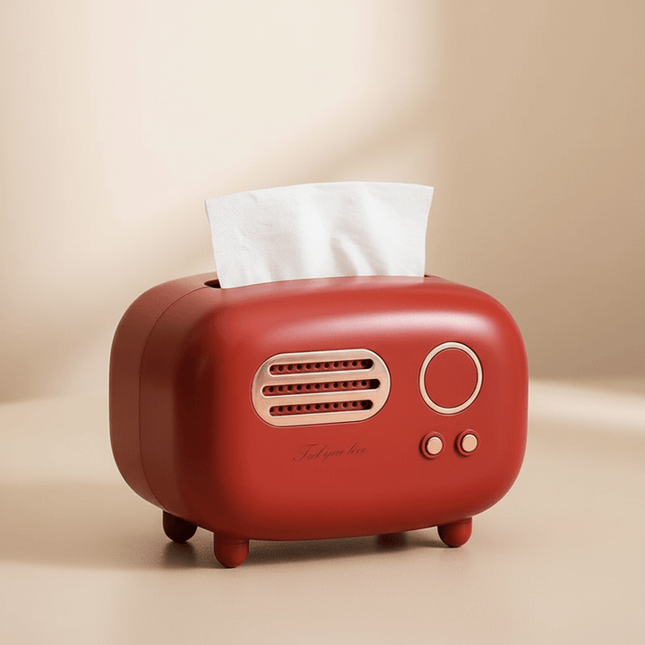 Red vintage-style tissue box with a white tissue on a beige background