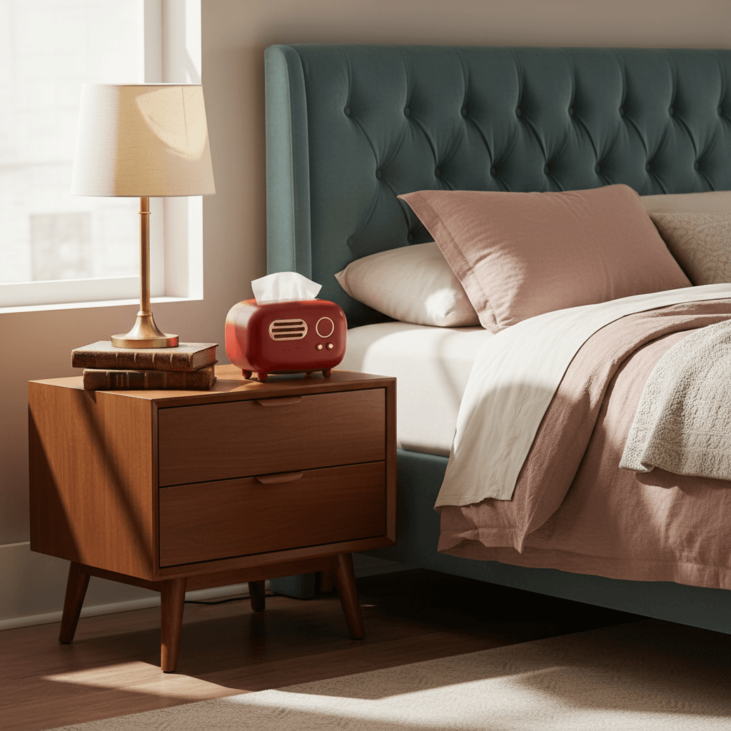 Bedroom with wooden nightstand, lamp, and bed with green headboard and pink bedding.
