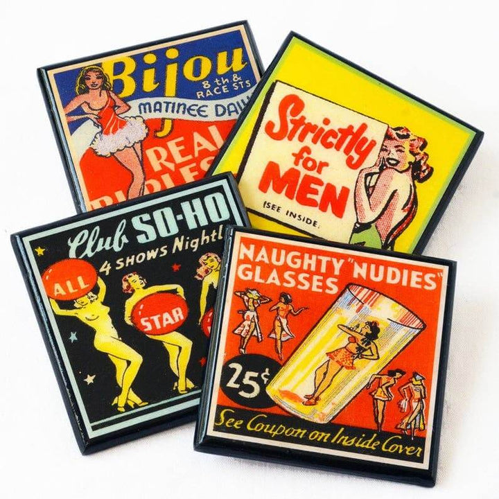 Four vintage-style posters with retro pin-up girls and text on a white background