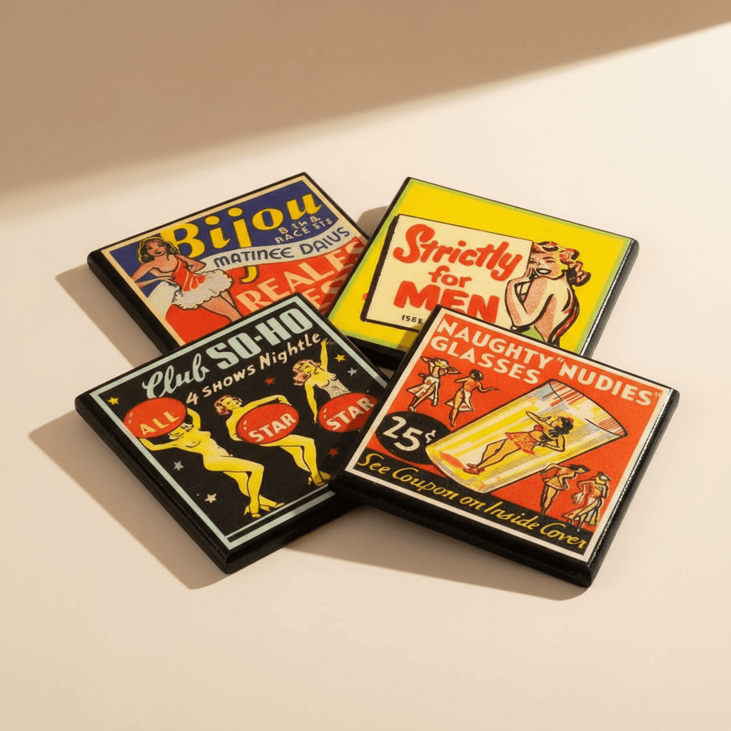 Four vintage-style coasters with colorful graphics, pin-up girls, and text on a beige background.
