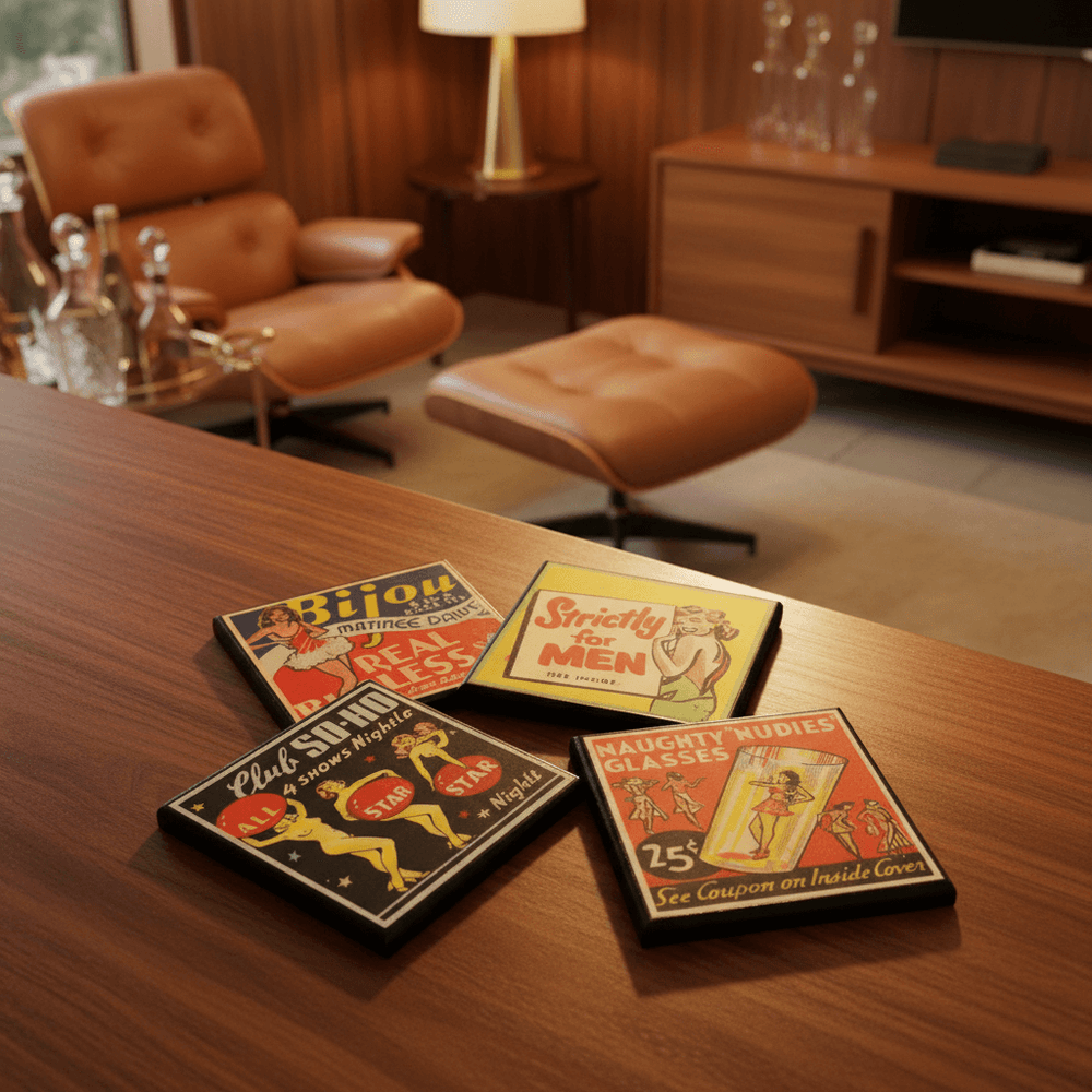 Three vintage-style coasters on a wooden table with a cozy room background.