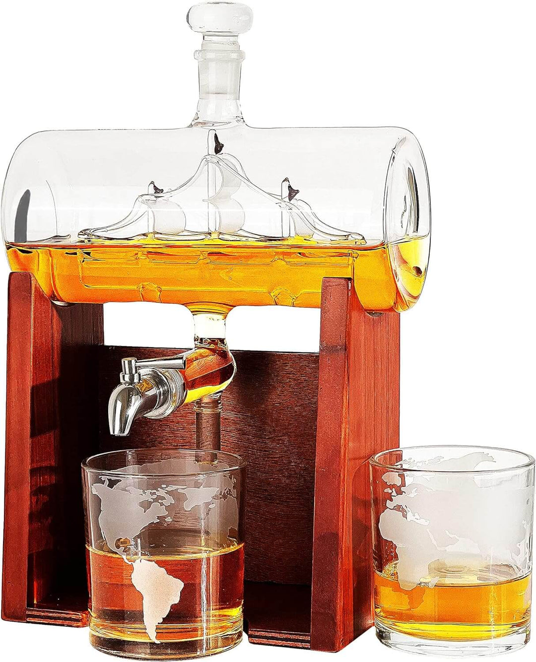 Whiskey decanter with wooden base and two glasses filled with whiskey on a white background