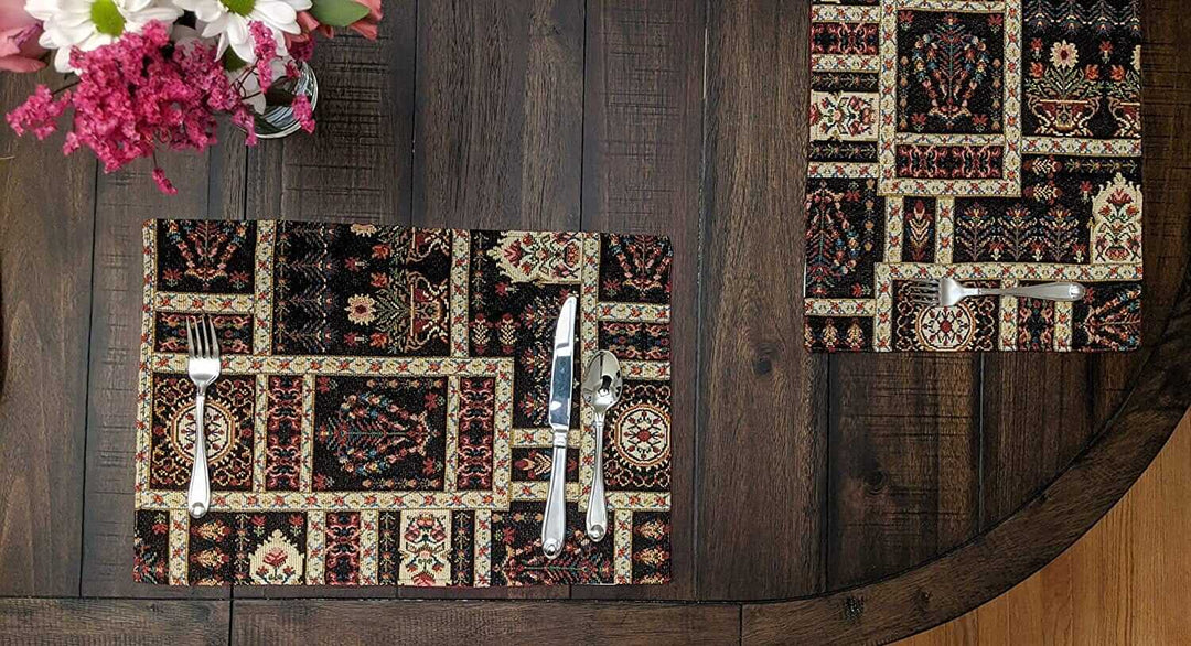 DaDalogy Bedding Set of 4-Pieces Dark Noir Mughal Floral Botanical Vintage Fleur Tapestry Placemats 13” x 19” (18197)