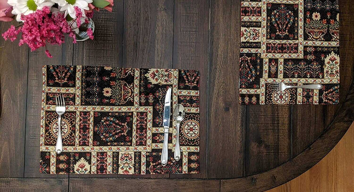 DaDalogy Bedding Set of 4-Pieces Dark Noir Mughal Floral Botanical Vintage Fleur Tapestry Placemats 13” x 19” (18197)