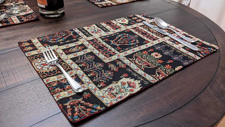 DaDalogy Bedding Set of 4-Pieces Dark Noir Mughal Floral Botanical Vintage Fleur Tapestry Placemats 13” x 19” (18197)