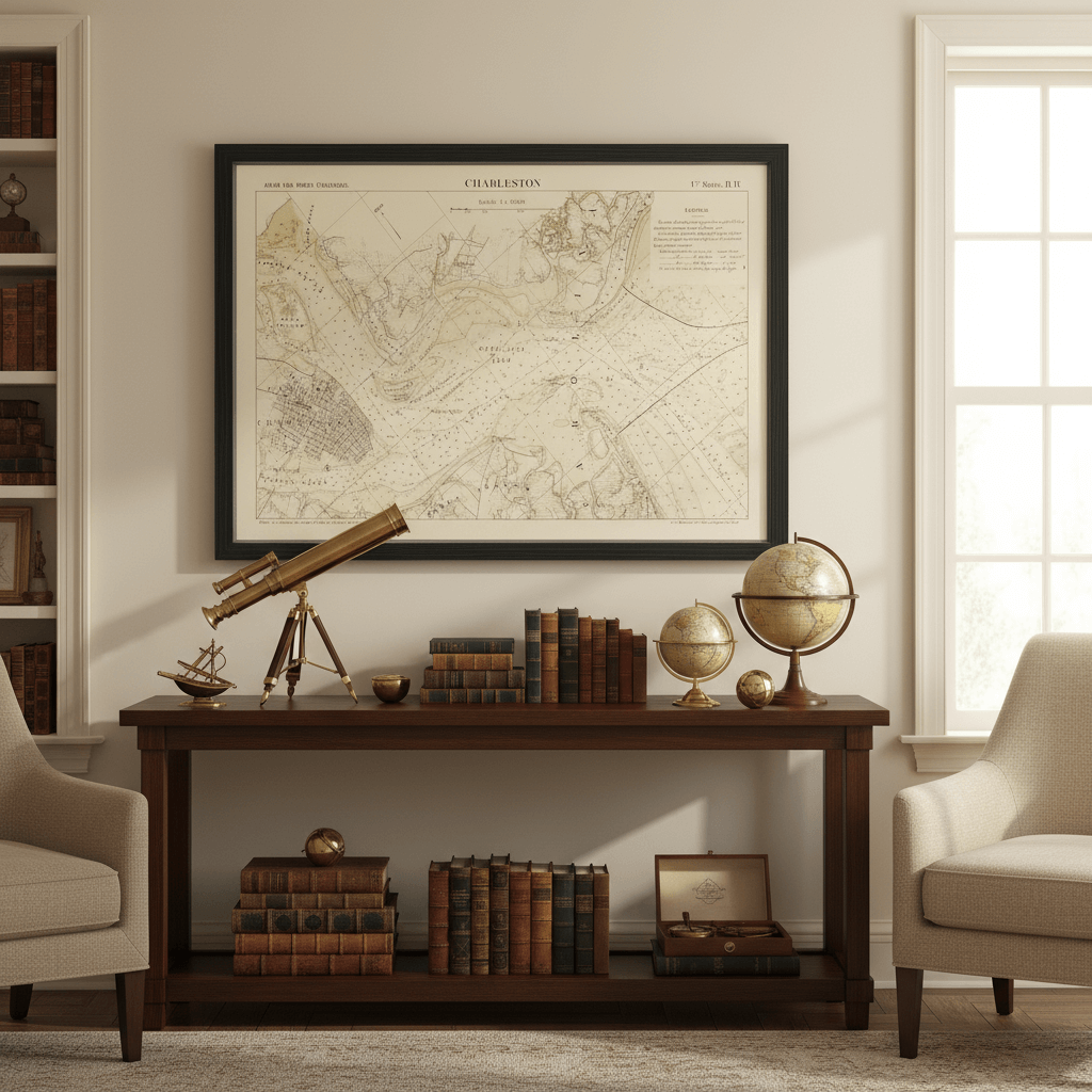 Antique Map of Charleston, South Carolina from 1884 displayed in elegant room with books and nautical decor