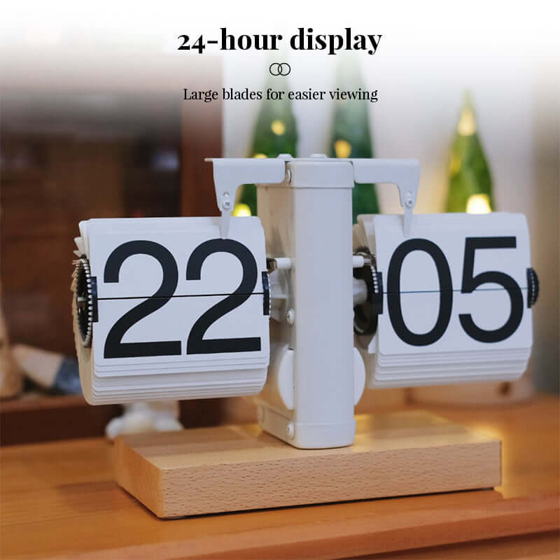 Flip clock with 24-hour display on a wooden base