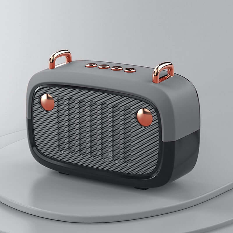 Gray portable speaker with rose gold accents on a light gray background
