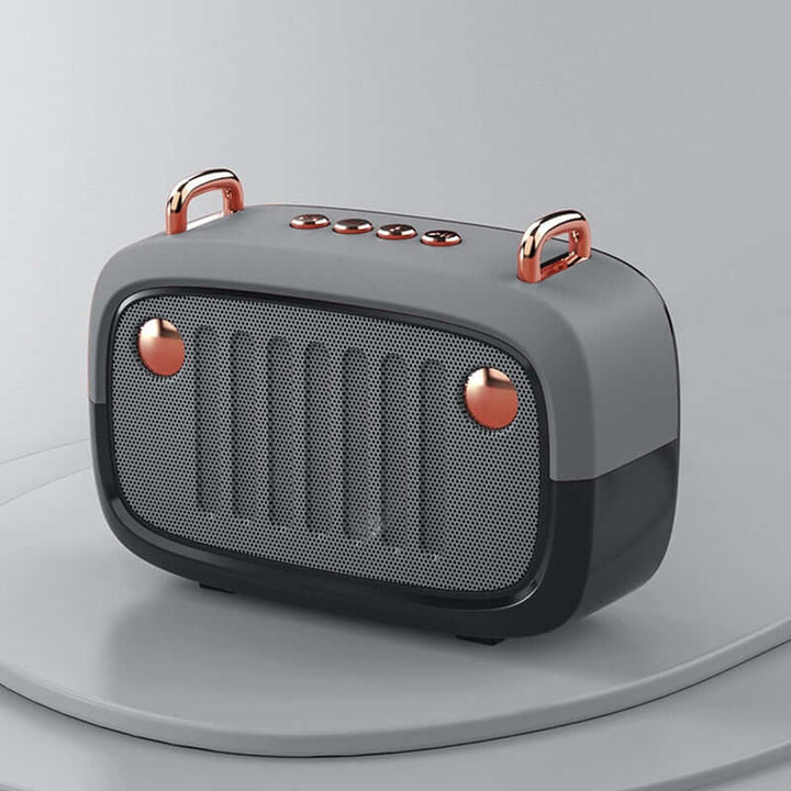 Gray portable speaker with rose gold accents on a light gray background