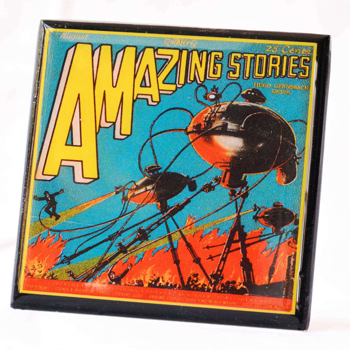 Vintage comic book cover of 'Amazing Stories' with a futuristic design.