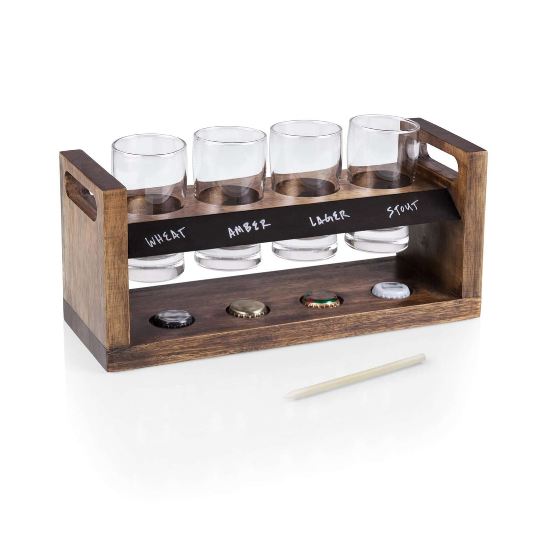 Rustic Craft Beer Flight Tasting Set with handwritten labels on acacia wood tray and glasses, perfect for beer enthusiasts.