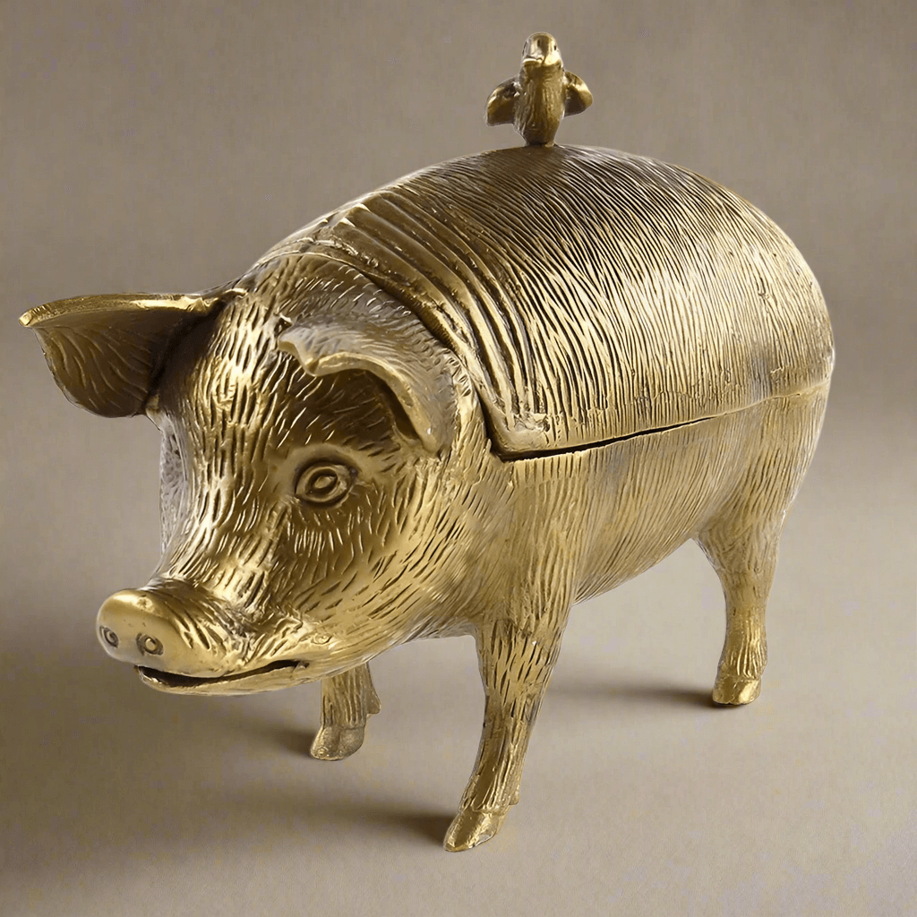 Vintage brass pig storage box with lifelike detailing, artisan craftsmanship, and warm antiqued finish.