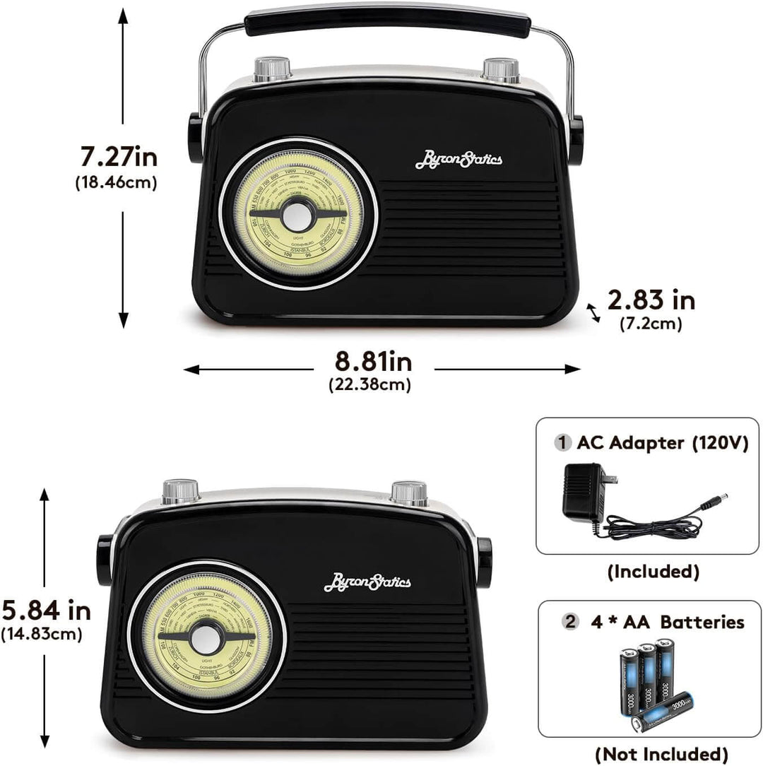 Black portable radio with measurements and included accessories on a white background