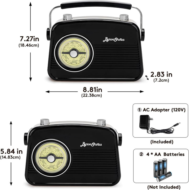 Black portable radio with measurements and included accessories on a white background