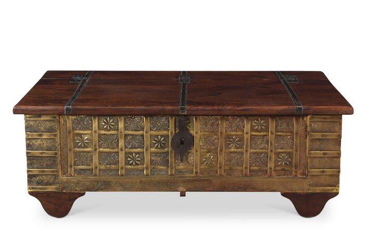 Vintage Wooden Storage Chest Coffee Table with handcrafted design and aged metal accents, showcasing a bohemian aesthetic and patina finish.