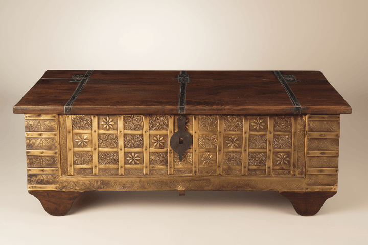 Vintage Wooden Storage Chest Coffee Table with intricate carvings and aged metal detailing, handcrafted for Bohemian style.