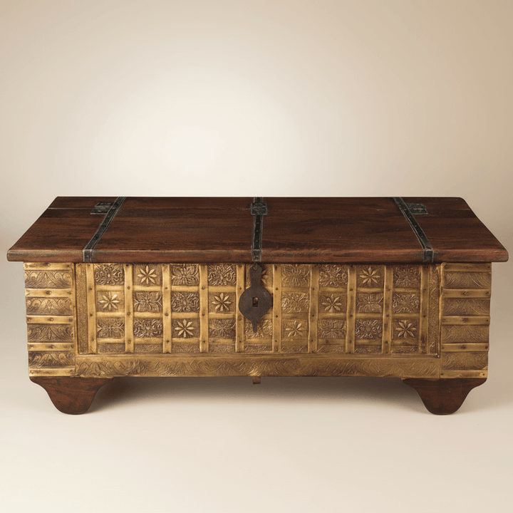 Vintage Wooden Storage Chest Coffee Table with handcrafted bohemian design, reclaimed wood, and aged metal details.