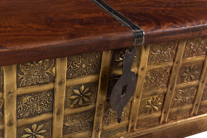 Vintage Wooden Storage Chest Coffee Table with intricate floral carvings and aged metal latch detail.