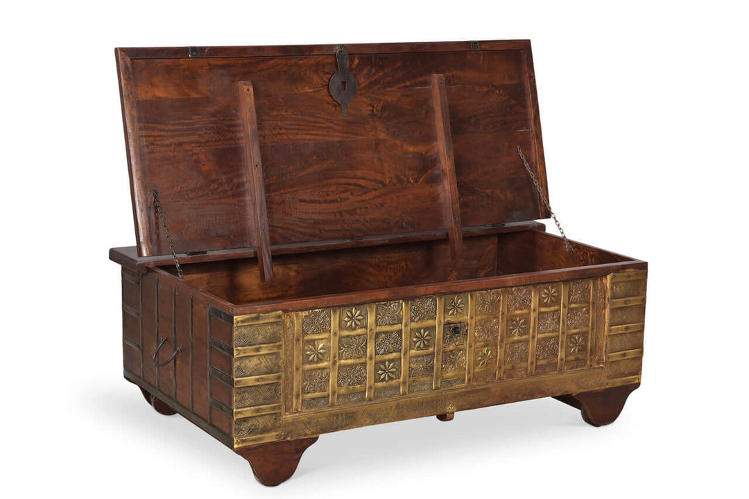 Vintage Wooden Storage Chest Coffee Table with open lid and intricate design, showcasing warm patina and handcrafted elegance.