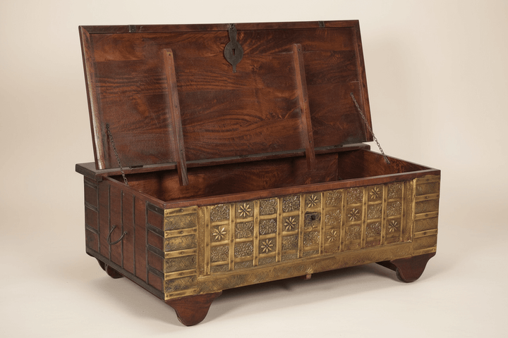 Open Vintage Wooden Storage Chest Coffee Table with intricate handcrafted details.